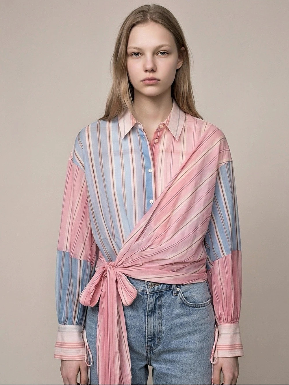 Stripe Cotton Crop Wrap Top Pink & Blue
